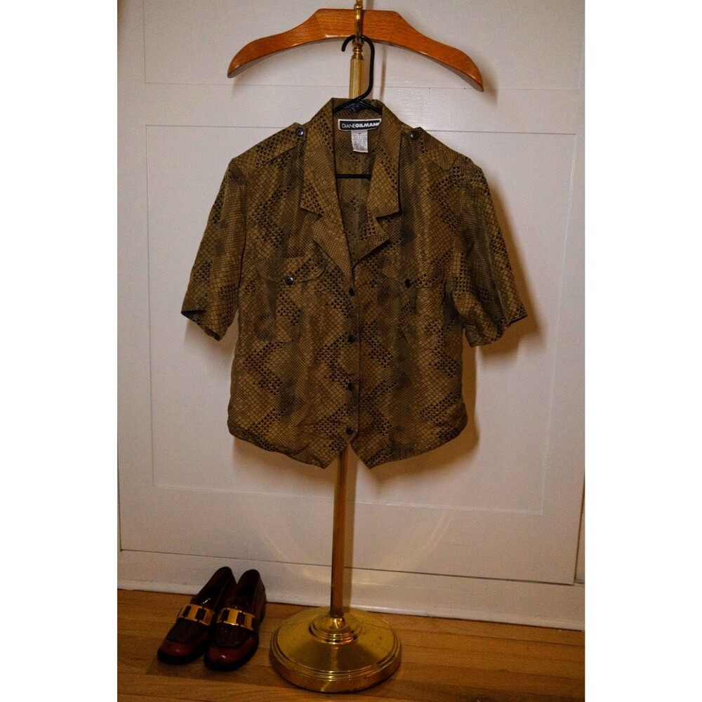 Vintage Diane Gilman 100% Silk Snake Print Short Sleeve Blouse Brown Olive Top